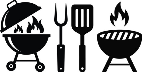Barbecue grill and utensils with flames