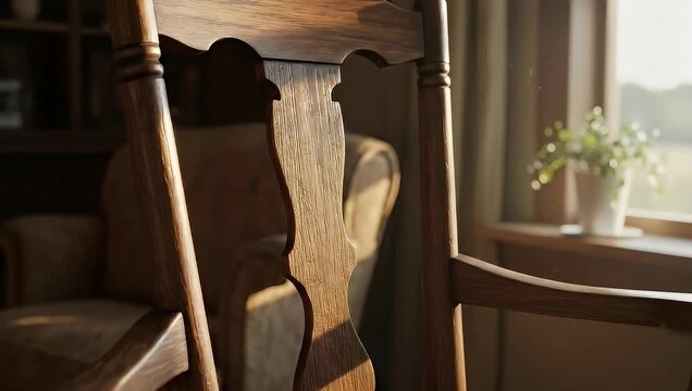 Close-up of a wooden chair with sunlight streaming through a window, casting shadows in a cozy room