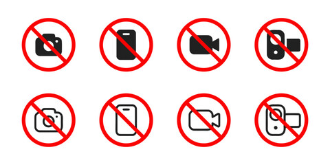 Collection of Prohibition Icons for No Camera No Mobile Phone and No Video Recording on White Background Featuring Restriction and Protection Vector Illustration