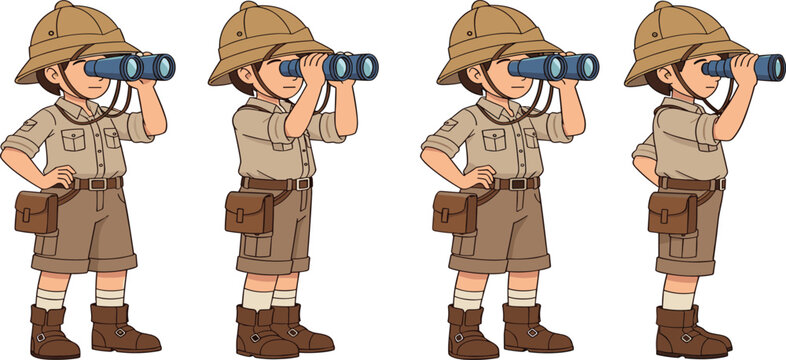 Set of Young Explorer Characters in Safari Uniform with Pith Helmet and Binoculars for Wildlife Adventure Travel and Discovery Concept Isolated on White Background