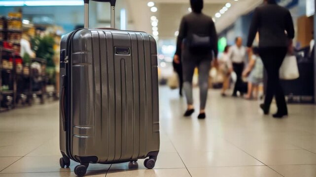 The luggage is alone in the middle of the walkway while people are moving around it.