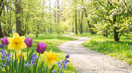 Spring flowers and winding path in a sunlit park. Yellow daffodils purple tulips and bluebells in a forest landscape. Seasonal nature background with blooming flora