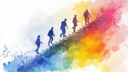 Fototapeta premium Watercolor illustration of business growth staircase with professionals climbing step by step toward bright horizon soft pastel flow symbol success progress leadership and long term vision