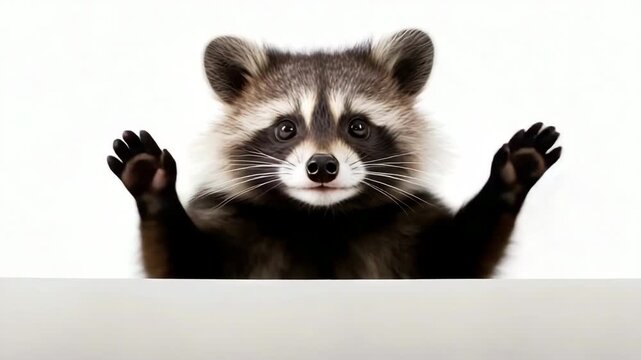 Curious raccoon raising paws in sequence of playful movements against white background