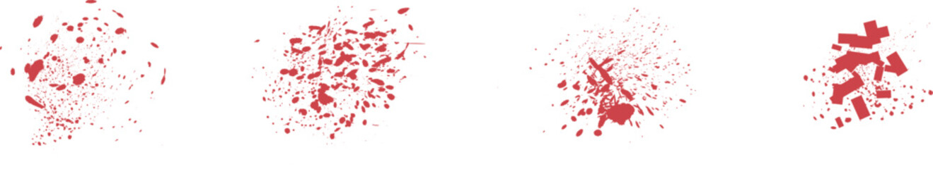 Red particle explosion and splash elements set on white background. Abstract scattered dots forming dynamic burst shapes. Creative paint splatter accents for motion graphics and designs. 