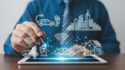 Businessman using tablet to create digital illustrations of electric vehicles, charging stations, smart cities, and home energy solutions, showcasing innovative technology and future mobility concepts