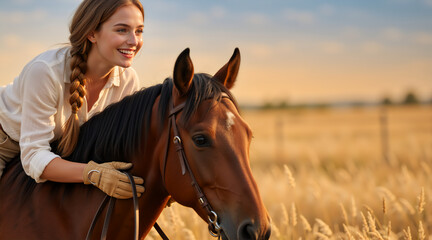 Fototapeta premium Smiling woman riding a brown horse in a golden field at sunset. Equestrian lifestyle and outdoor recreation. Young female rider with horse during golden hour in the countryside
