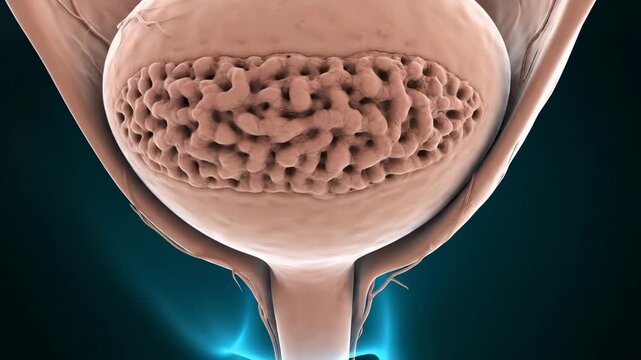 Bladder anatomy animation shows urethra and pelvic organ system. Medical visualization displays urinary bladder structure. Healthcare animation shows bladder anatomy with pelvic organs.