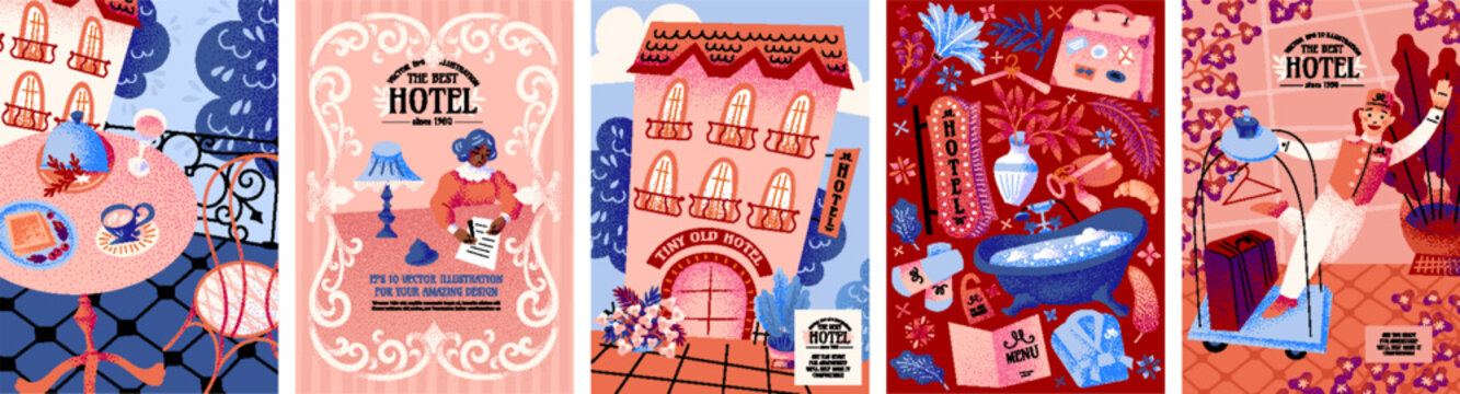 Boutique hotel and service facilities. Cozy vector illustration of concierge, luggage, reception desk, room service, interior decor , building facade, bath, and hospitality objects for travel, tourism