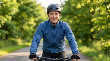 Smiling man riding a bicycle on a paved forest path. Active male cyclist wearing a helmet and blue jacket. Healthy lifestyle and outdoor exercise concept