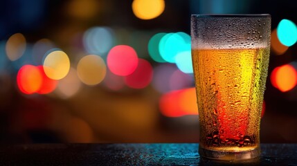 Cold glass of beer with condensation in a bar setting, illuminated by colorful bokeh lights at night, refreshing drink concept.