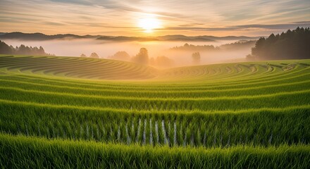 A serene rice field at sunrise with lush green crops and misty fog rolling in, set against a vibrant orange and yellow sky.