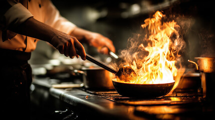 Chef in a bustling kitchen, skillfully tossing ingredients in a flaming pan, surrounded by pots and pans, showcasing culinary expertise and vibrant cooking atmosphere
