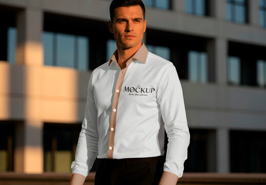 Dress Shirt Mockup Standing Outdoors At Golden Hour