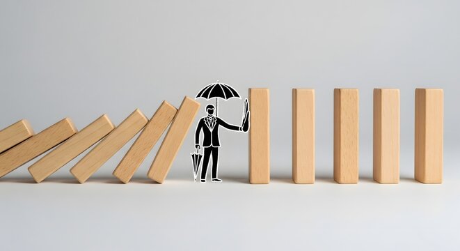 Small figure holding umbrella stopping falling wooden dominoes illustrating protection prevention risk management and proactive action to avoid chain reaction damage