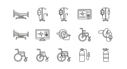 Fototapeta premium Medical Equipment Icons: Hospital Bed, IV Drip, Monitor, Wheelchair, MRI, Oxygen Tank