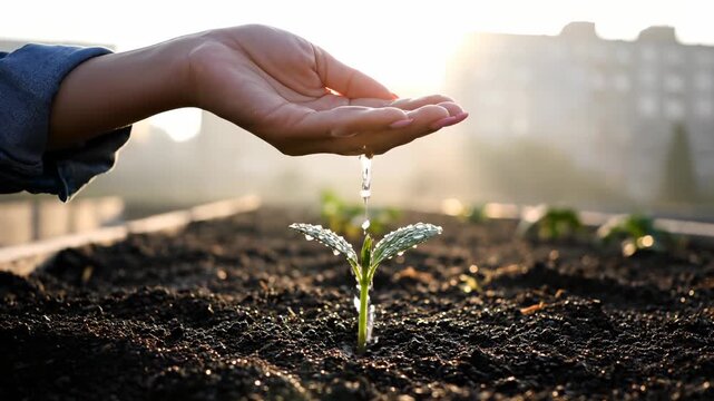 Hand protects seedling in urban soil with city buildings at sunset. Person nurtures plant in rooftop garden. Seedling grows in urban earth. Hand shields sprout in city soil during sunset.