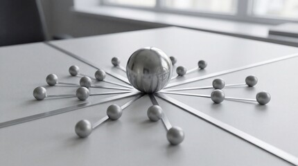 Central Sphere Connecting Smaller Spheres Representing Network Hub and Communication.