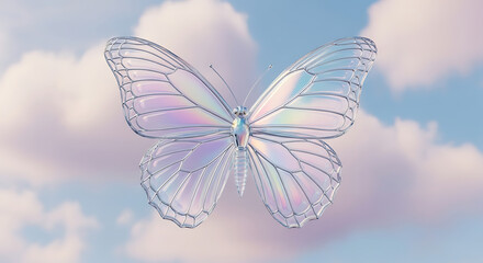 Obraz premium Ethereal Iridescent Butterfly Floating Gracefully Amidst Soft, Dreamy Clouds in a Pastel Sky