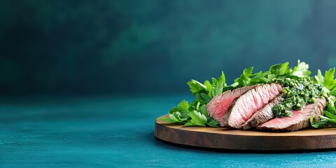 Exquisite steak culinary: A tantalizing culinary creation features succulent slices of perfectly cooked steak, artfully presented on a wooden board. The dish is adorned with fresh herbs.