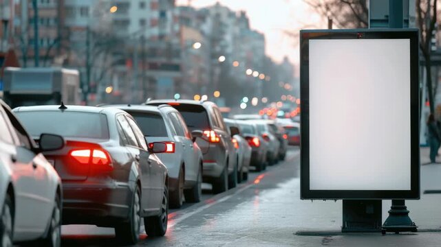 Traffic jam in urban area with illuminated advertisement sign on sidewalk