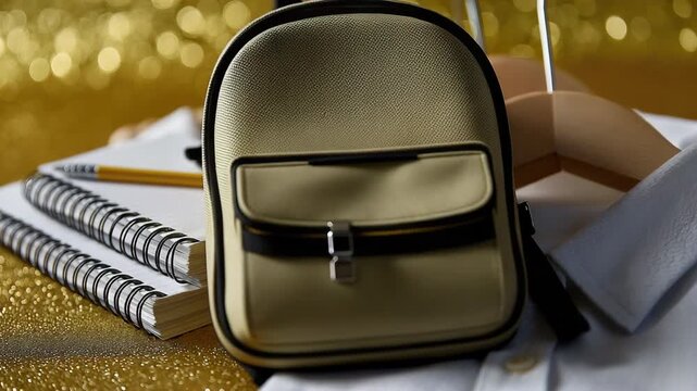 Elegant display of organized fashion accessories and stationery in golden background