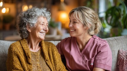 Happy Senior Woman & Caregiver Smiling: Compassionate Home Care, Elderly care