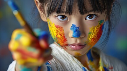 Joyful Child Artist with Colorful Face Paint & Paintbrush, Kid