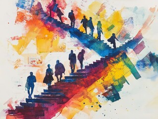 Naklejka premium Watercolor painting of abstract staircase made from charts and documents business people ascending calmly expressive brush strokes convey strategy patience stability and achievement