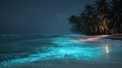 Bioluminescent ocean waves glowing blue on a tropical beach at night with palm trees. Natural phenomenon for travel and vacation.