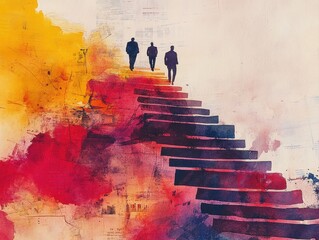 Watercolor painting of abstract staircase made from charts and documents business people ascending calmly expressive brush strokes convey strategy patience stability and achievement