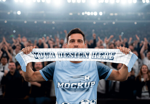 Male Soccer Fan Holding Scarf In Stadium Mockup
