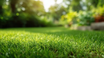 Naklejka premium Fresh green grass lawn with natural sunlight creating a vibrant background texture. Outdoor garden landscape with lush foliage for spring or summer mood.
