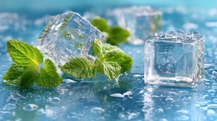 Close up of refreshing ice cubes with green mint leaf. Cool drink ingredient for summer beverage. Freshness and chill concept for food.
