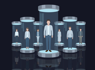 futuristic diverse people standing inside glowing glass pods or teleportation chamber against a dark, reflective background