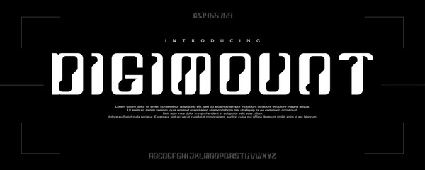 Digimount font is A futuristic tech display font with bold geometric shapes, angular cuts, and digital sci-fi character for modern visuals. © Ook