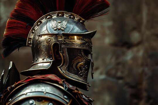 Close up of roman legionary soldier wearing an imperial galea helmet with a distinctive red crest