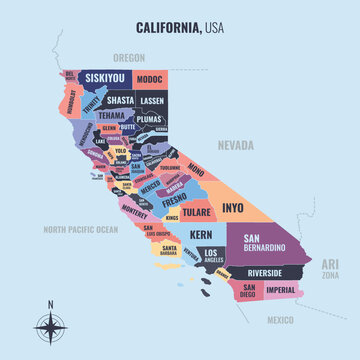 A map showing CA California USPS into County in a minimalist colorful style