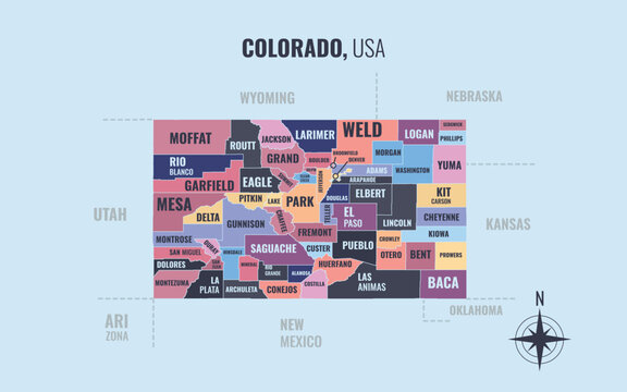 A map showing CO Colorado USPS into County in a minimalist colorful style