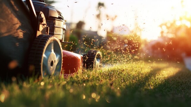 Lawn mower cutting grass at sunset producing a shower of grass clippings. Residential garden maintenance and yard care.
