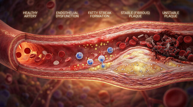 Medical cross-section showing atherosclerosis stages from healthy artery to fatty streak, fibrous plaque, and unstable rupture with thrombosis and restricted blood flow