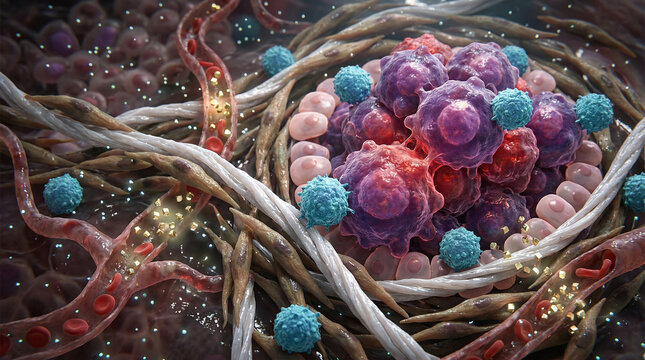 Microscopic view of chaotic tumor microenvironment showing cancer cells, immune T-cells, fibroblasts, and collagen matrix signaling in biological tissue