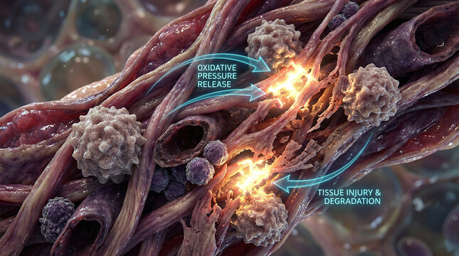 Microscopic visualization of chronic inflammation showing oxidative pressure release from active macrophages causing tissue injury and degradation within a fibrotic collagen matrix