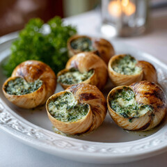Gourmet baked snails with herb butter on elegant white plate