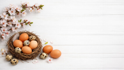 Natural Easter eggs in nest with quail eggs and cherry blossoms on white wooden background, rustic spring holiday composition