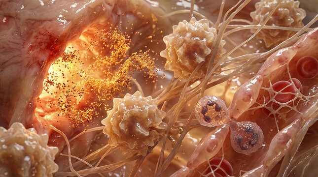 Microscopic visualization of cellular inflammatory response showing macrophages and neutrophils migrating through collagen matrix toward chemotactic cytokine plume