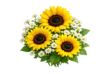 Obraz premium Sunflowers and daisies bouquet creating a vibrant floral arrangement with lush green leaves