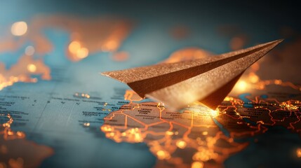 Paper airplane flying over illuminated world map representing global travel and international logistics for transportation and business communication.