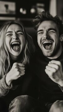 A cheerful couple laughing together, sharing a joyful moment.