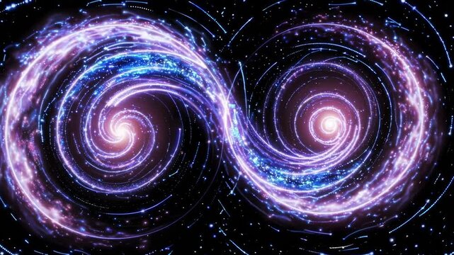 Top-down video view of swirling galaxies with glowing stars in a cosmic, abstract style. Live desktop wallpaper.